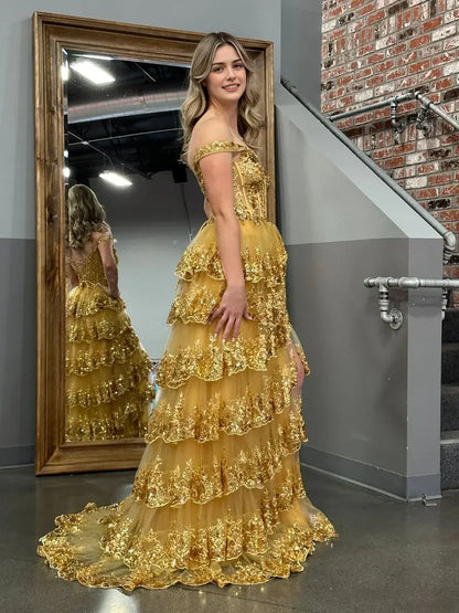Aimishang Gorgeous Princess A-Line Off-the-Shoulder Lace Ruffles Long Formal Prom Dress Lovely Birthday Party Dress With Slit