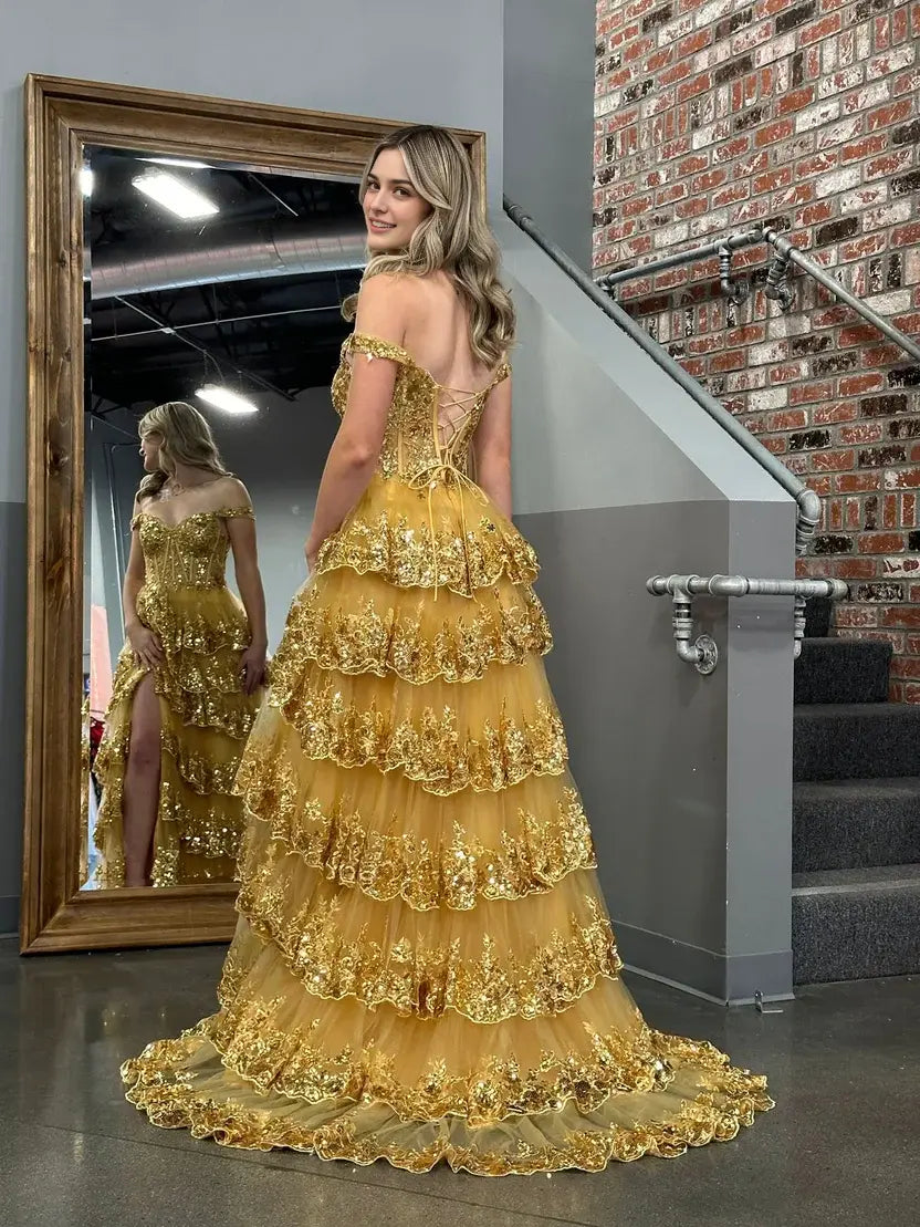 Aimishang Gorgeous Princess A-Line Off-the-Shoulder Lace Ruffles Long Formal Prom Dress Lovely Birthday Party Dress With Slit