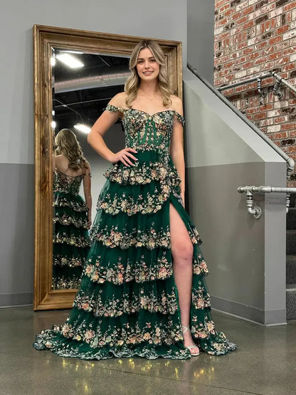 Aimishang Gorgeous Princess A-Line Off-the-Shoulder Lace Ruffles Long Formal Prom Dress Lovely Birthday Party Dress With Slit