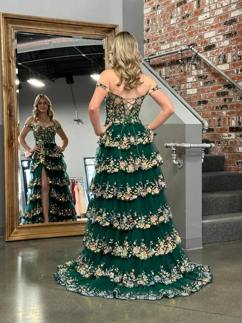 Aimishang Gorgeous Princess A-Line Off-the-Shoulder Lace Ruffles Long Formal Prom Dress Lovely Birthday Party Dress With Slit