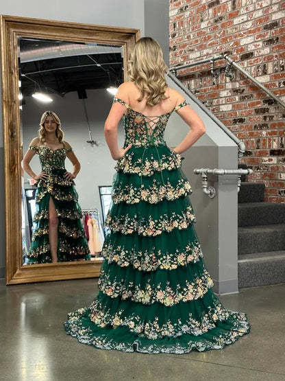 Aimishang Gorgeous Princess A-Line Off-the-Shoulder Lace Ruffles Long Formal Prom Dress Lovely Birthday Party Dress With Slit