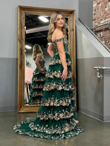 Aimishang Gorgeous Princess A-Line Off-the-Shoulder Lace Ruffles Long Formal Prom Dress Lovely Birthday Party Dress With Slit