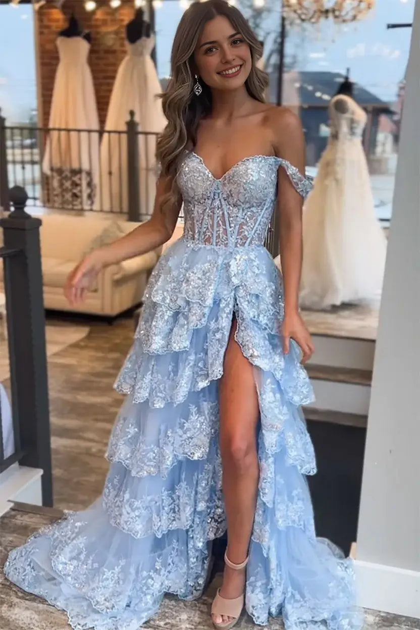 Aimishang Gorgeous Princess A-Line Off-the-Shoulder Lace Ruffles Long Formal Prom Dress Lovely Birthday Party Dress With Slit