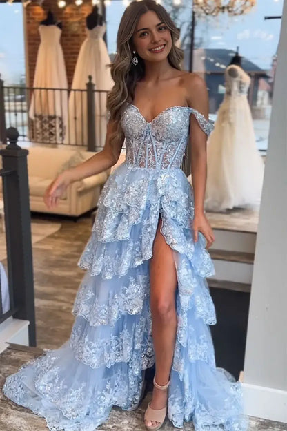 Aimishang Gorgeous Princess A-Line Off-the-Shoulder Lace Ruffles Long Formal Prom Dress Lovely Birthday Party Dress With Slit