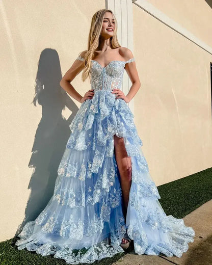 Aimishang Gorgeous Princess A-Line Off-the-Shoulder Lace Ruffles Long Formal Prom Dress Lovely Birthday Party Dress With Slit