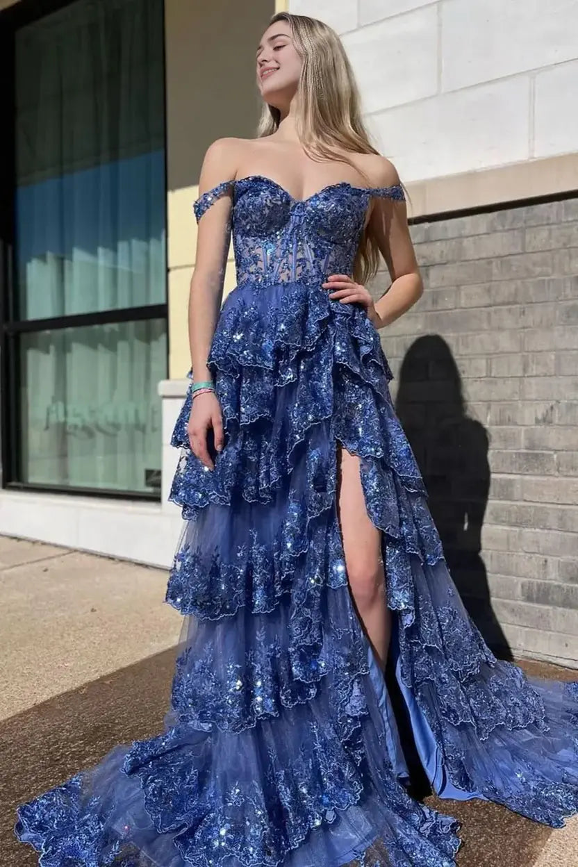 Aimishang Gorgeous Princess A-Line Off-the-Shoulder Lace Ruffles Long Formal Prom Dress Lovely Birthday Party Dress With Slit