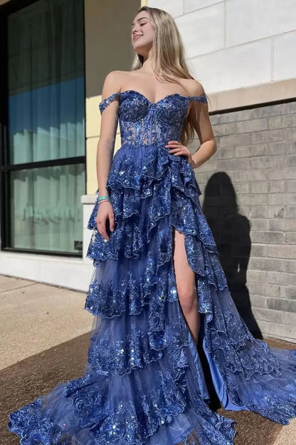 Aimishang Gorgeous Princess A-Line Off-the-Shoulder Lace Ruffles Long Formal Prom Dress Lovely Birthday Party Dress With Slit
