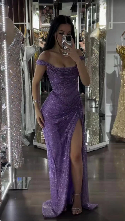 Aimishang Gorgeous Purple Mermaid Off the Shoulder Party Evening Gown Fashion Long Formal Prom Dress With Slit
