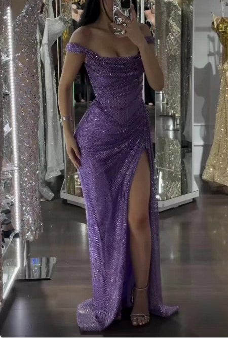 Aimishang Gorgeous Purple Mermaid Off the Shoulder Party Evening Gown Fashion Long Formal Prom Dress With Slit