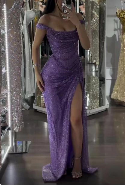 Aimishang Gorgeous Purple Mermaid Off the Shoulder Party Evening Gown Fashion Long Formal Prom Dress With Slit