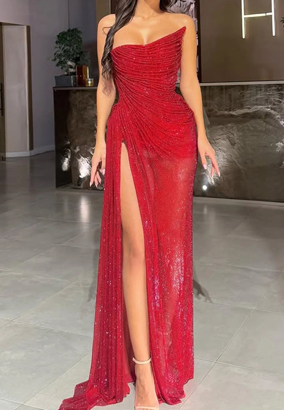 Gorgeous Sheath Asymmetrical Strapless Sleeveless Pleated Long Prom Dresses