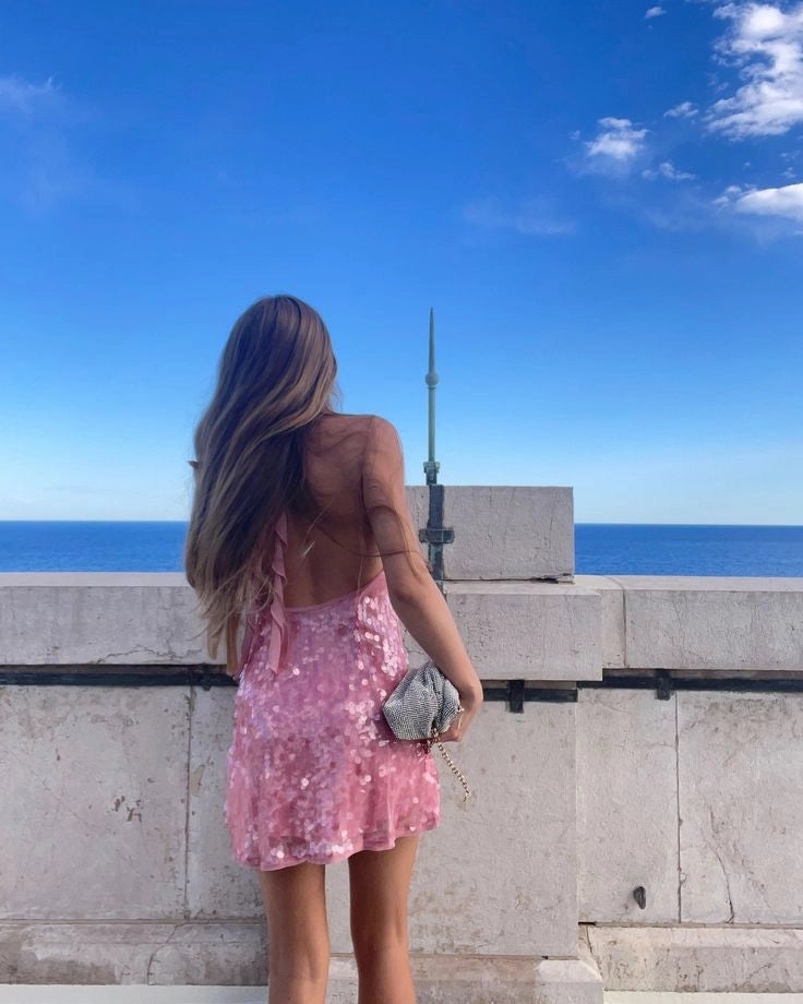 Aimishang Gorgeous Sheath Halter Sequin Sleeveless Backless Short Graduation Party Dress Summer Sparkly Homecoming Dress