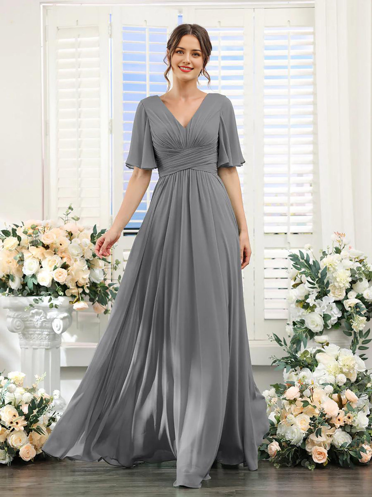 Wholesale A-Line Bridesmaid Dress for Wedding Guest V-Neck Sleeve Long Chiffon Formal Party Dresses with Slit