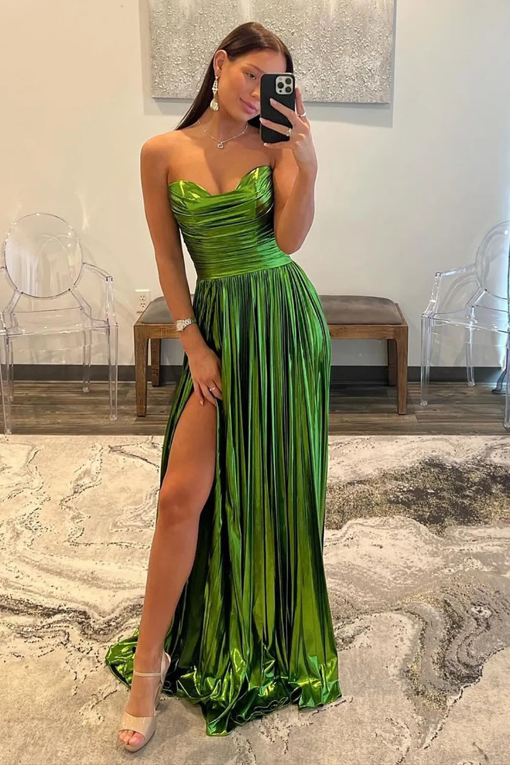 Wholesale Prom Dress A-Line Strapless Metallic With Slit