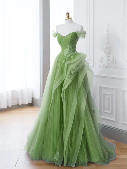 Wholesale Green A-Line Long Evening Dress Off Shoulder Long Prom Dress Lace Prom Dresses