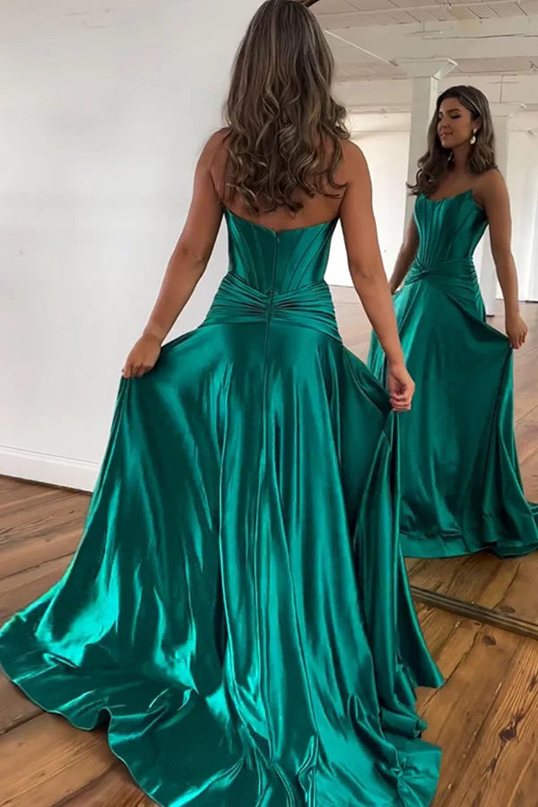 Wholesale Elegant Green A-Line Evening Dress Strapless Zipper Back Long Satin Prom Dress With Split