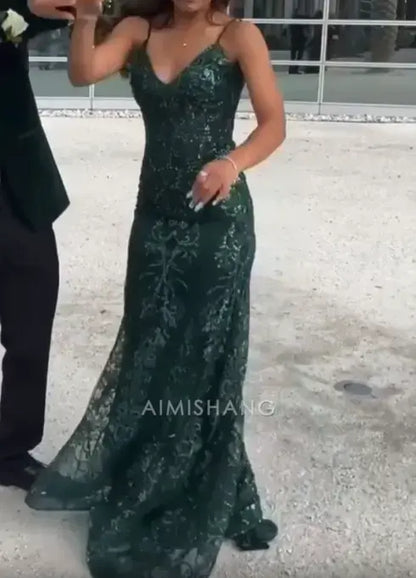 Aimishang Green Charming Mermaid V-neck Sleeveless Long Formal Prom Dress Gorgeous Evening Party Dress Sexy Graduation Dress
