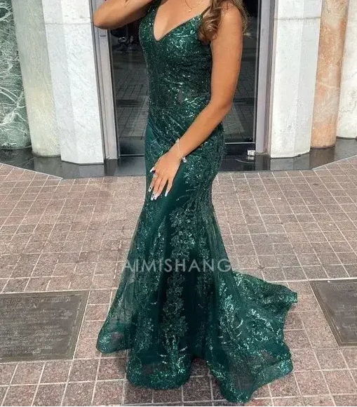 Aimishang Green Charming Mermaid V-neck Sleeveless Long Formal Prom Dress Gorgeous Evening Party Dress Sexy Graduation Dress