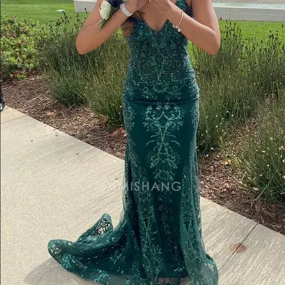 Aimishang Green Charming Mermaid V-neck Sleeveless Long Formal Prom Dress Gorgeous Evening Party Dress Sexy Graduation Dress