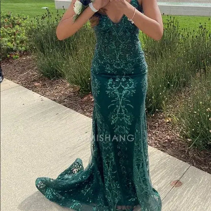 Aimishang Green Charming Mermaid V-neck Sleeveless Long Formal Prom Dress Gorgeous Evening Party Dress Sexy Graduation Dress