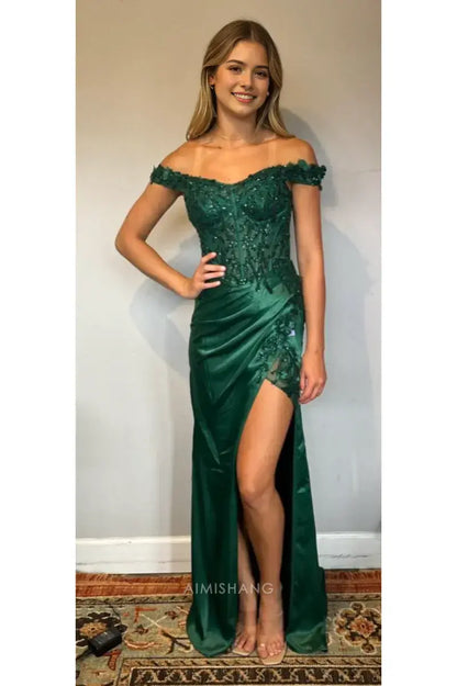 Aimishang Green Sheath Off the Shoulder Long Formal Prom Dress With Slit Elegant Evening Party Dress Sexy Wedding Guest Dress