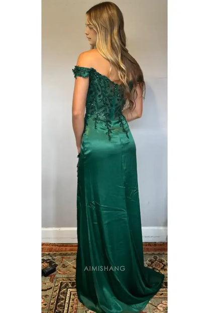 Aimishang Green Sheath Off the Shoulder Long Formal Prom Dress With Slit Elegant Evening Party Dress Sexy Wedding Guest Dress