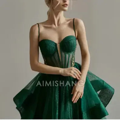 Aimishang Green Shiny A-line Spaghetti Straps Long Formal Prom Dress Elegant Evening Gown Charming Birthday Party Dress