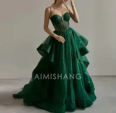 Aimishang Green Shiny A-line Spaghetti Straps Long Formal Prom Dress Elegant Evening Gown Charming Birthday Party Dress