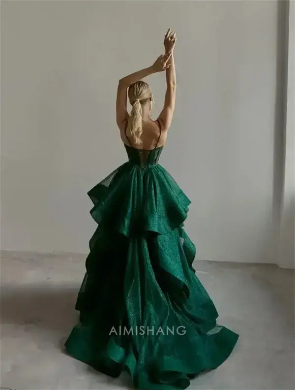 Aimishang Green Shiny A-line Spaghetti Straps Long Formal Prom Dress Elegant Evening Gown Charming Birthday Party Dress