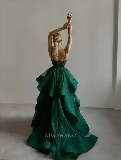 Aimishang Green Shiny A-line Spaghetti Straps Long Formal Prom Dress Elegant Evening Gown Charming Birthday Party Dress