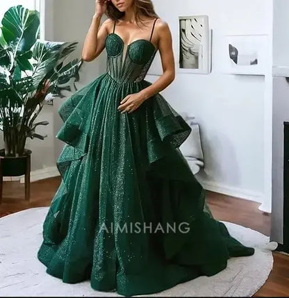 Aimishang Green Shiny A-line Spaghetti Straps Long Formal Prom Dress Elegant Evening Gown Charming Birthday Party Dress