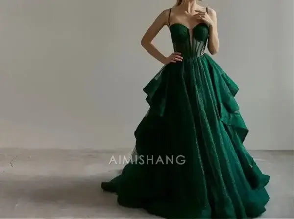 Aimishang Green Shiny A-line Spaghetti Straps Long Formal Prom Dress Elegant Evening Gown Charming Birthday Party Dress