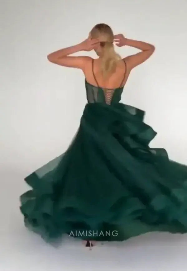 Aimishang Green Shiny A-line Spaghetti Straps Long Formal Prom Dress Elegant Evening Gown Charming Birthday Party Dress