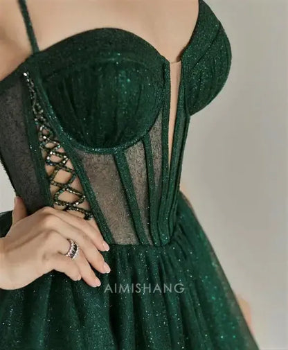 Aimishang Green Shiny A-line Spaghetti Straps Long Formal Prom Dress Elegant Evening Gown Charming Birthday Party Dress