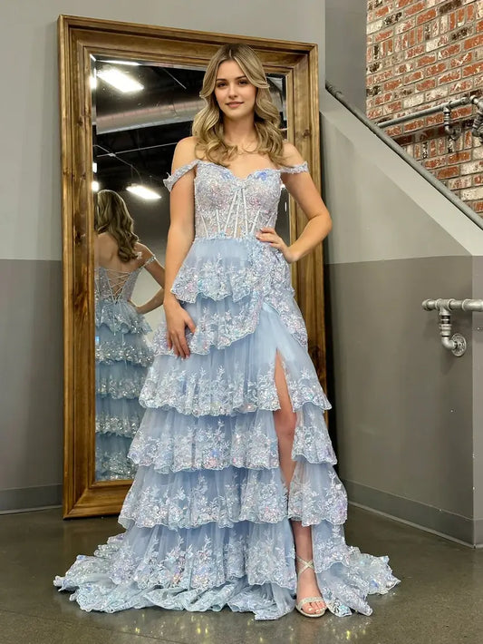 Aimishang Gorgeous Light Blue A-Line Princess Off-the-Shoulder Lace Ruffles Long Formal Prom Dress Sparkly Evening Party Dress With Slit