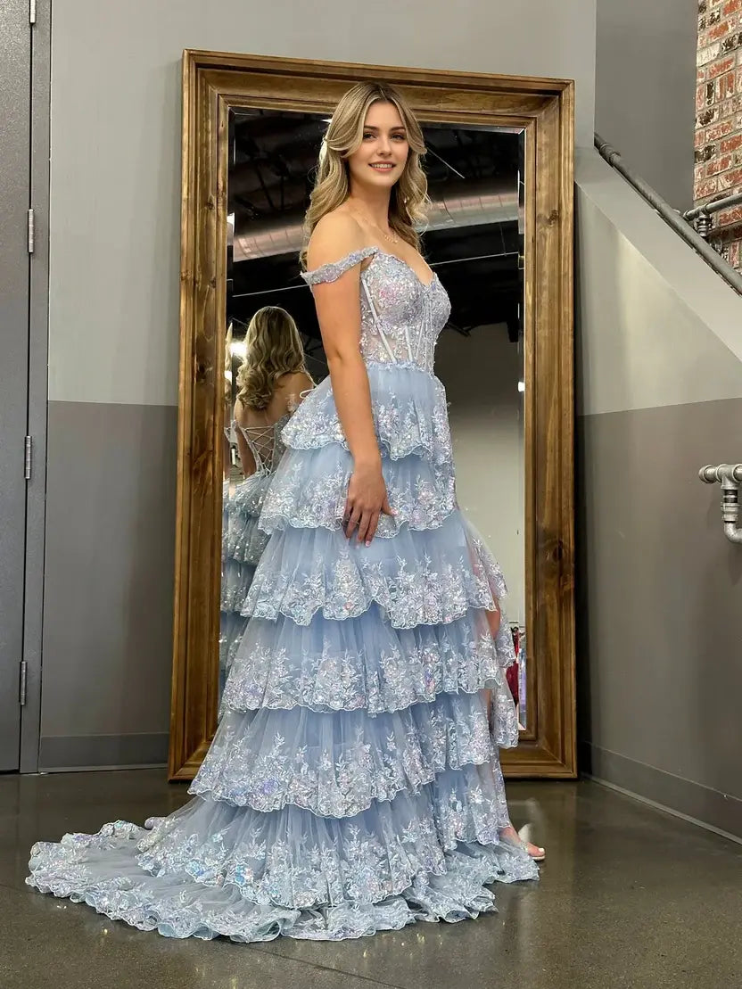 Aimishang Gorgeous Light Blue A-Line Princess Off-the-Shoulder Lace Ruffles Long Formal Prom Dress Sparkly Evening Party Dress With Slit