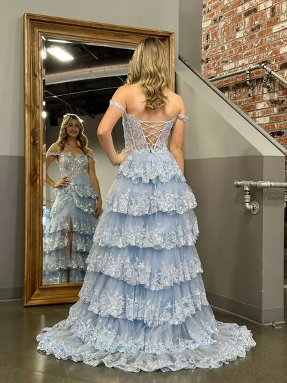 Aimishang Gorgeous Light Blue A-Line Princess Off-the-Shoulder Lace Ruffles Long Formal Prom Dress Sparkly Evening Party Dress With Slit
