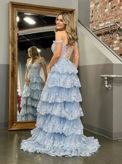 Aimishang Gorgeous Light Blue A-Line Princess Off-the-Shoulder Lace Ruffles Long Formal Prom Dress Sparkly Evening Party Dress With Slit