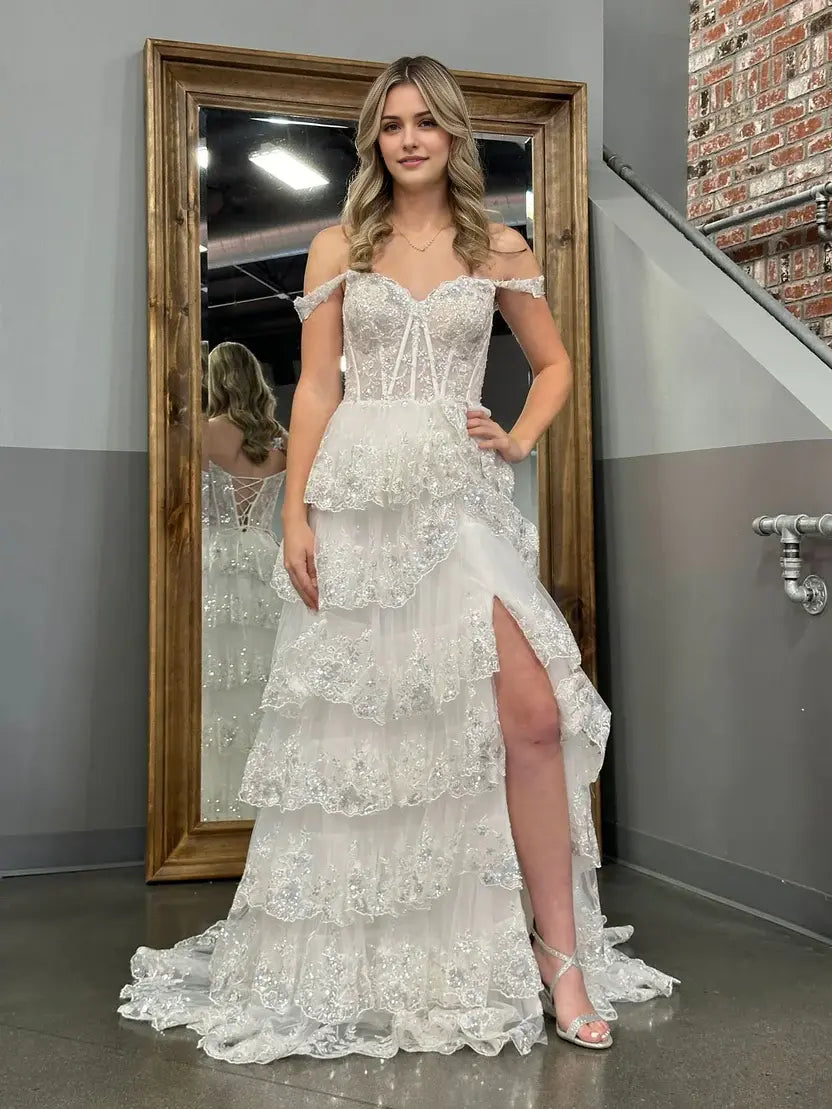 Aimishang Gorgeous Light Blue A-Line Princess Off-the-Shoulder Lace Ruffles Long Formal Prom Dress Sparkly Evening Party Dress With Slit