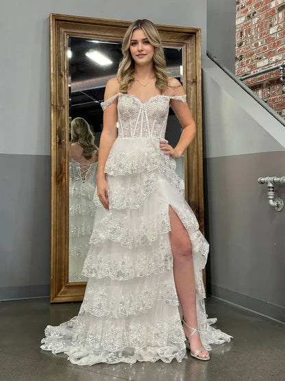 Aimishang Gorgeous Light Blue A-Line Princess Off-the-Shoulder Lace Ruffles Long Formal Prom Dress Sparkly Evening Party Dress With Slit