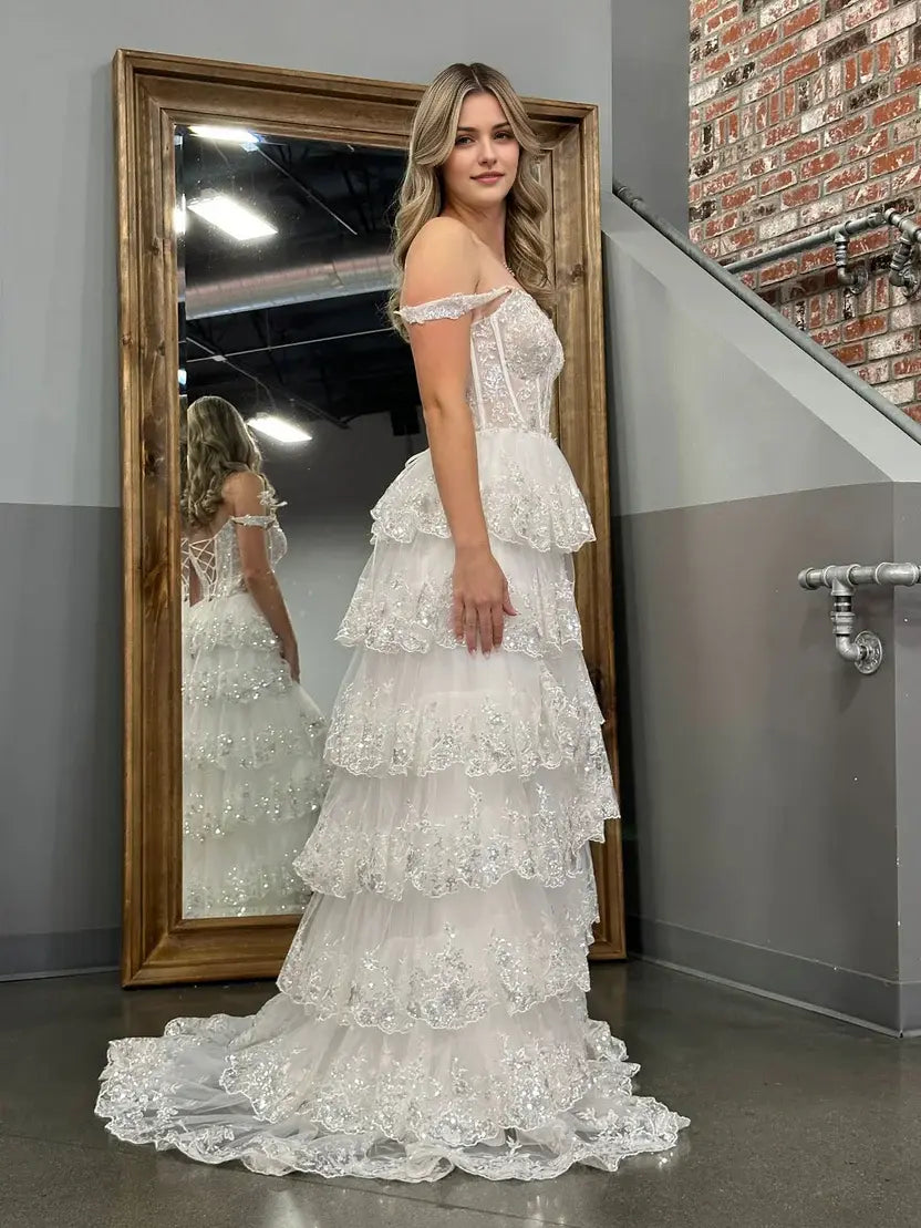 Aimishang Gorgeous Light Blue A-Line Princess Off-the-Shoulder Lace Ruffles Long Formal Prom Dress Sparkly Evening Party Dress With Slit