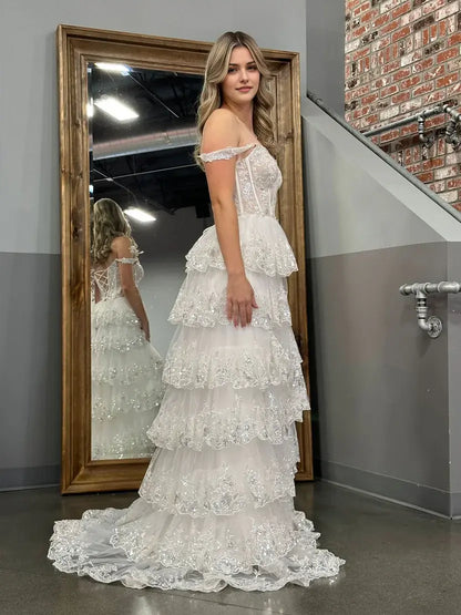 Aimishang Gorgeous Light Blue A-Line Princess Off-the-Shoulder Lace Ruffles Long Formal Prom Dress Sparkly Evening Party Dress With Slit