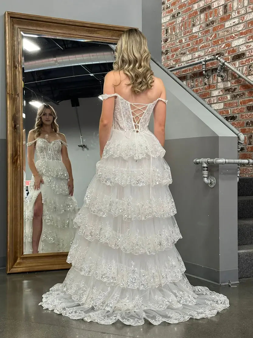 Aimishang Gorgeous Light Blue A-Line Princess Off-the-Shoulder Lace Ruffles Long Formal Prom Dress Sparkly Evening Party Dress With Slit