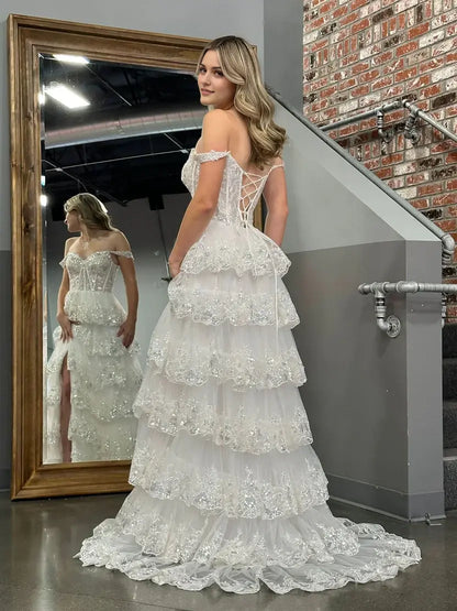 Aimishang Gorgeous Light Blue A-Line Princess Off-the-Shoulder Lace Ruffles Long Formal Prom Dress Sparkly Evening Party Dress With Slit