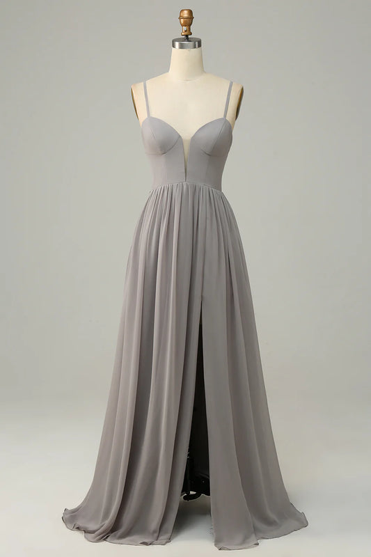 Wholesale Silver A Line Spaghetti Straps Long Bridesmaid Dress With Slit