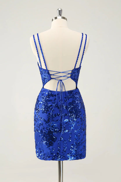 Wholesale Fashion Homecoming Dress Royal Blue Spaghetti Straps Lace Up with Slit