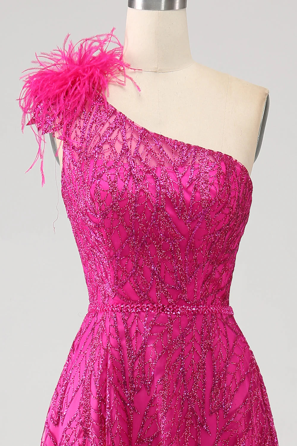 Wholesale A-Line Evening Dress One Shoulder Feather Sequin Fuchsia Prom Dress With Slit