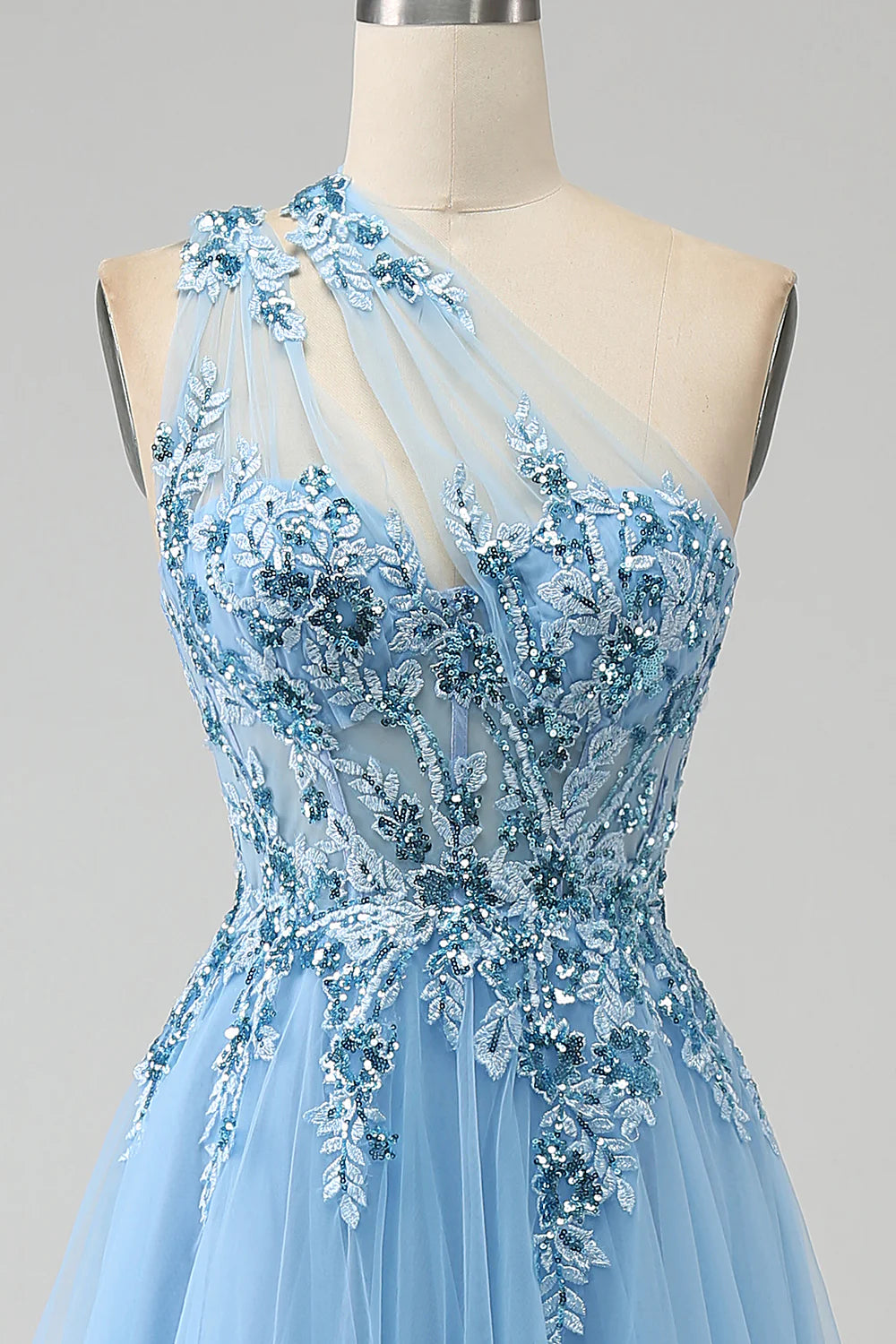 Wholesale Light Blue A-Line Evening Dress One Shoulder Sequin Prom Dress with Appliques