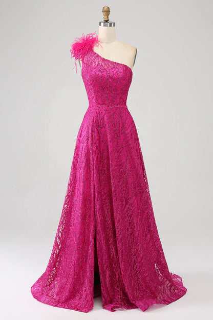 Wholesale A-Line Evening Dress One Shoulder Feather Sequin Fuchsia Prom Dress With Slit