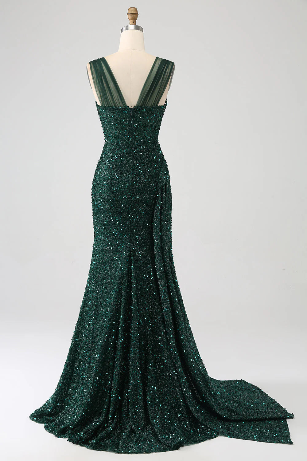 Wholesale Sparkly Dark Green Long Prom Dress Sheath Sequin Pleated With Thigh Split